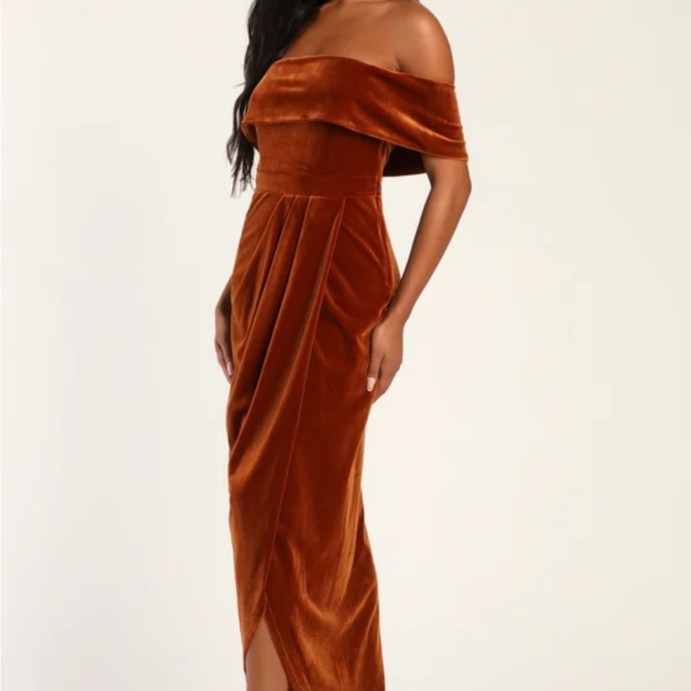 Lulus Med. I’m Enchanted Rust Orange Velvet Off-the-Shoulder Maxi Dress
